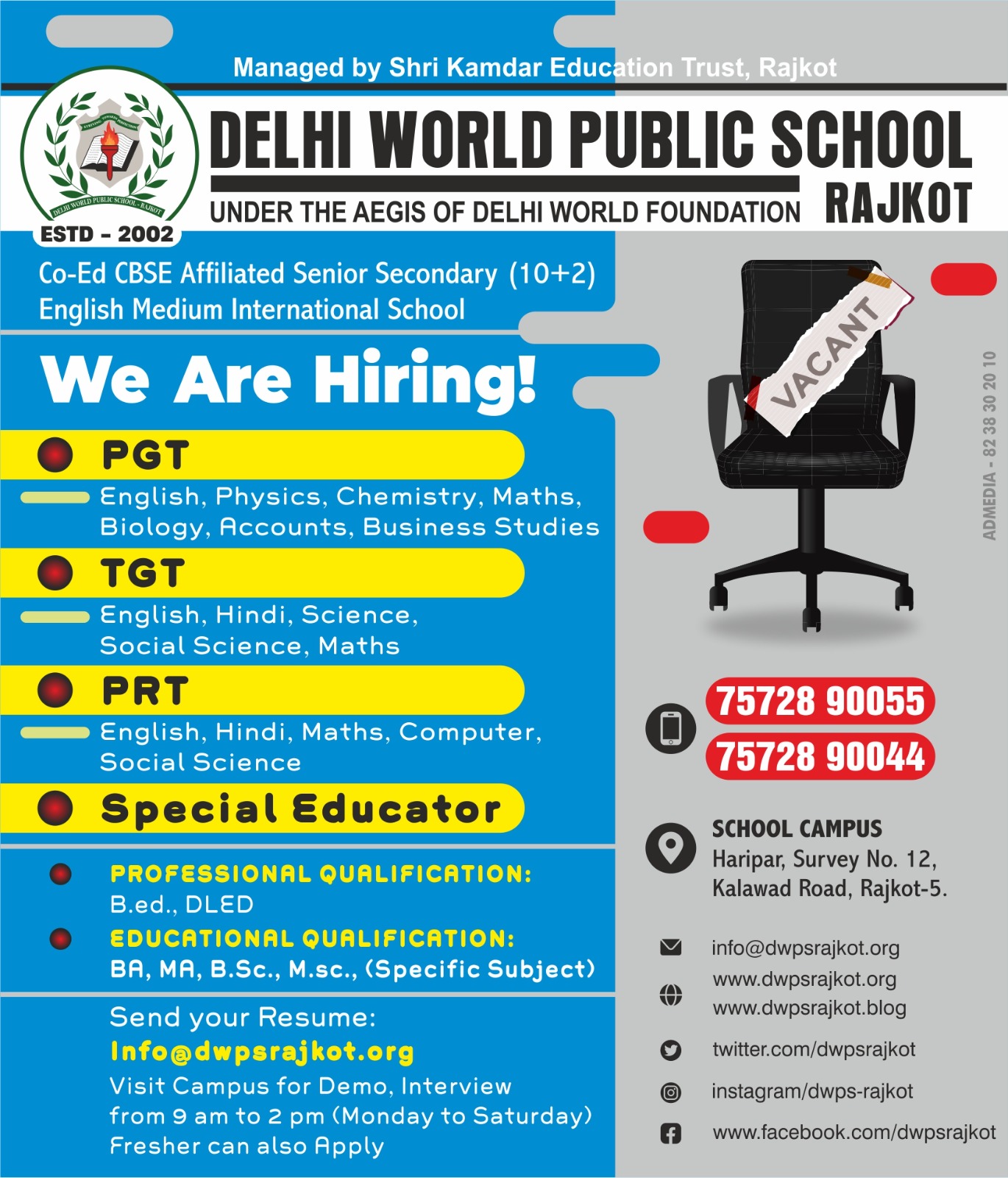 Teacher Recruitment 2026-2027 at DWPS Rajkot